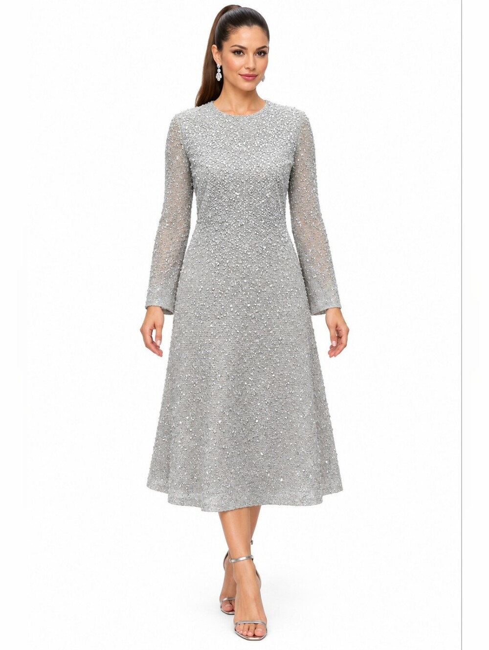 St John Couture Silver Crystal Embellished Metallic Knit A-Line Midi Dress Sz 12